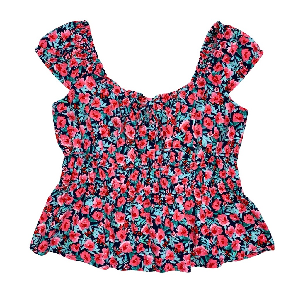 Old Navy Floral Fitted Tie Front Smocked Top Large Lightweight Flirty Feminine